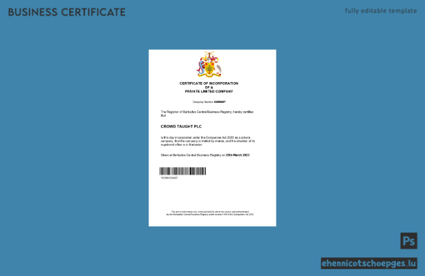 Beispielansicht der Registrierungsurkunde von Barbados (Word- und PDF-Format)